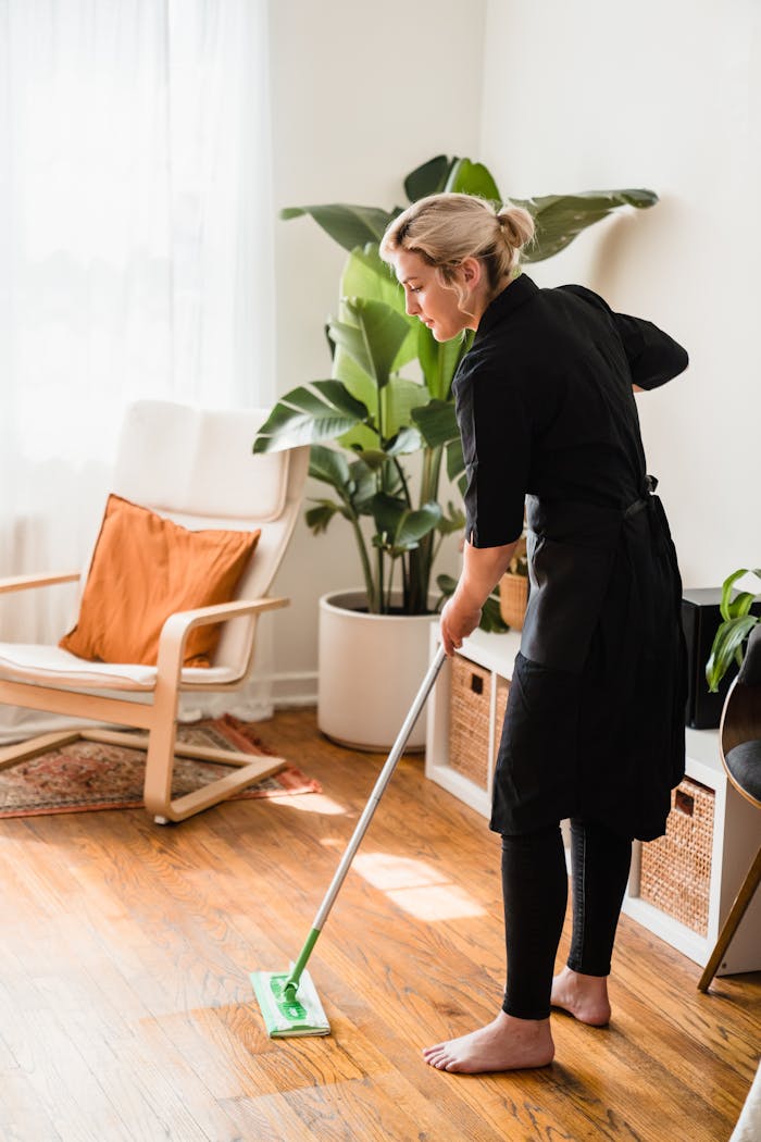 A woman mops the floor in a sunlit room with modern decor and indoor plants.