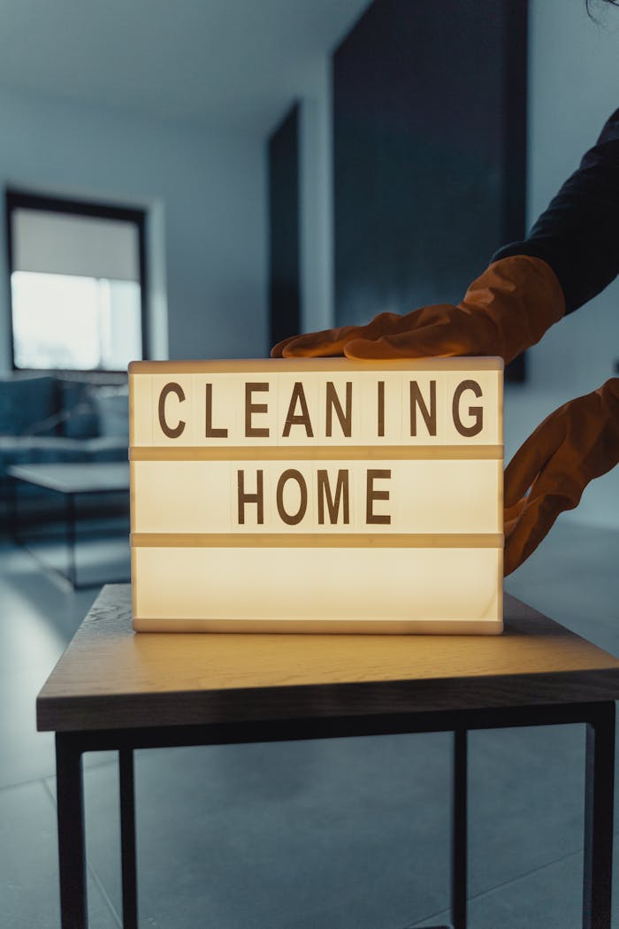 Modern interior with Cleaning Home sign and person wearing gloves, emphasizing cleanliness.